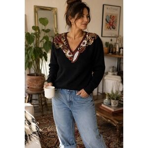 Vintage‎ Eminent Embellished Beaded Sequin Knit Sweater Black Glam Women's L